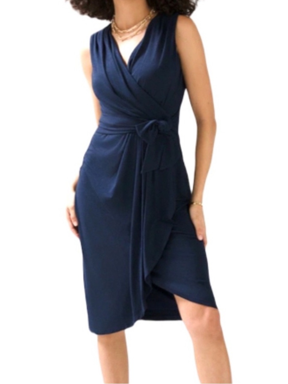 WHBM Sleeveless Dress Draped Faux Wrap Stretch Jersey Knit Officer Blue Size 4